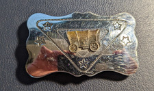 Vintage Covered Wagon Western Belt Buckle, Silver with Bronze Wagon