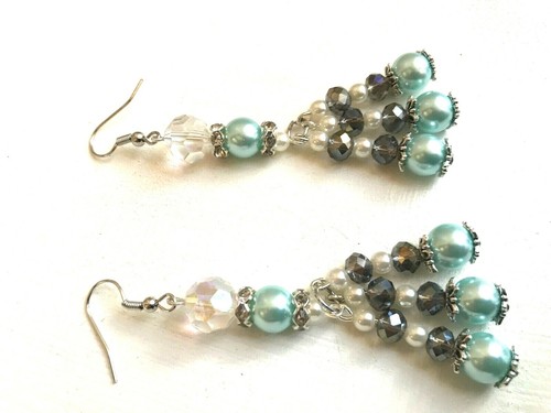 AQUAMARINE LONG DROP DANGLE PEARL & CRYSTAL GLASS BEAD EARRINGS FASHION JEWELRY - 第 9/11 張圖片