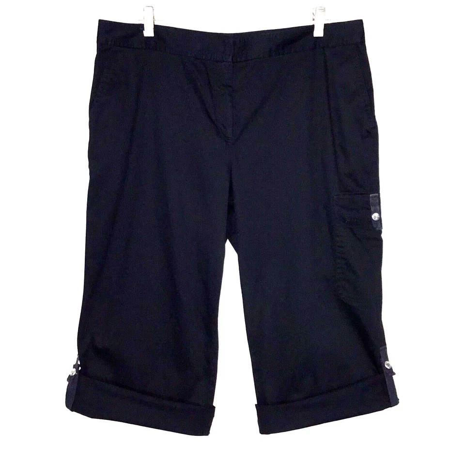 Pantalones cargo capri negros de pierna recta Izod para mujer con lengüeta enrollable de algodón talla 14 cremallera Foto 2 de 4