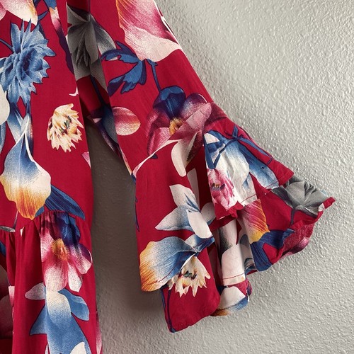 UMGEE Bauern Tunika Oberteil rot blau Blumen High Waist Doppelrüsche 3/4 Ärmel S - Bild 5 von 12