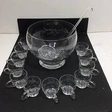 Vintage  Moderno Riekes Crisa 14 Piece Punch Bowl Set MCM Handblown Crystal
