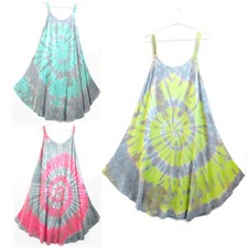 Shoulder Knit String Radial Tie-Dye Flare Dress Rayon Pink Yellow Turquoise Boho