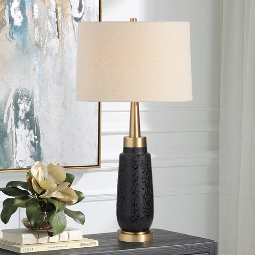 Elegant Contemporary Retro Etched Black Glass Table Lamp 31 in Brass Gold Sleek - Picture 2 of 7