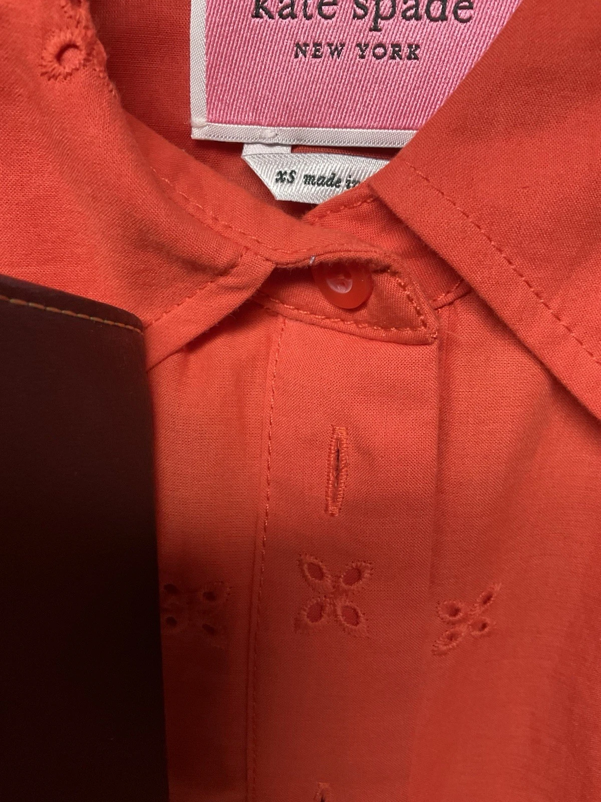 Camicia estiva Kate Spade arancione cravatta vita XS bottoni davanti midi manica corta