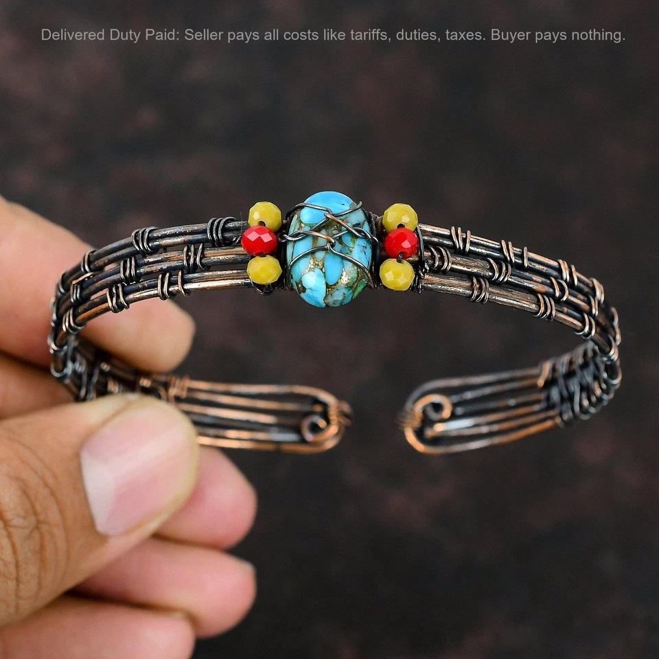 Brazalete Brazalete Cobre Azul Turquesa Piedra Amarillo Y Rojo Coral Cuentas Cobre Foto 2 de 4