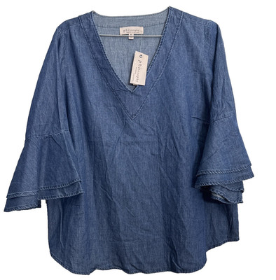 NWT Philosophy Woman Chambray Denim Top Ruffle Bell Sleeve V-Neck Blouse 0X $88