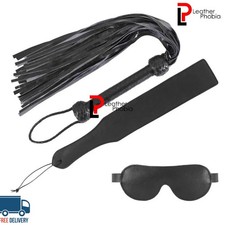 Real Leather Flogger Whip  Spanking Paddle BDSM Set with Blindfold