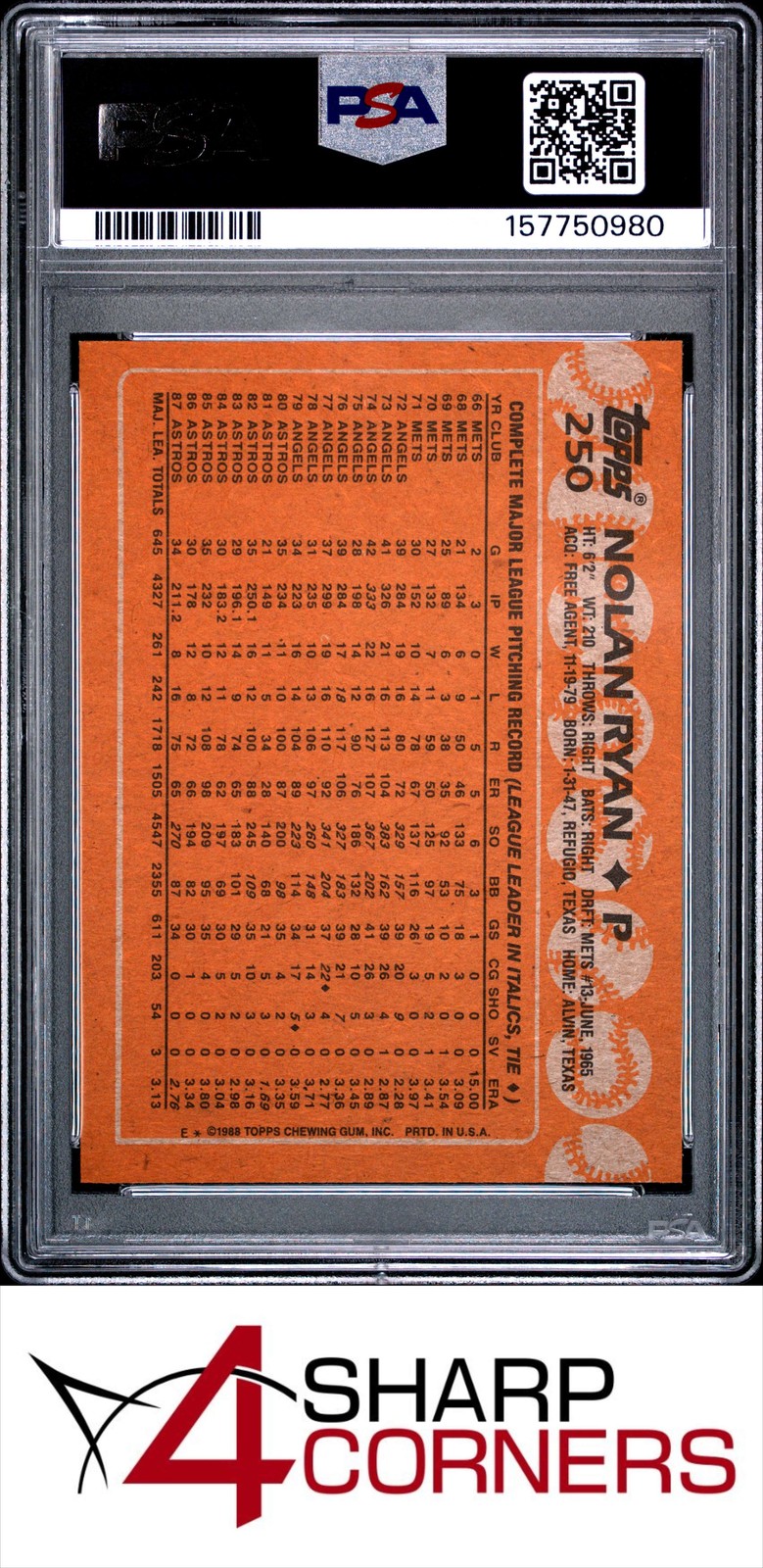 1988 TOPPS #250 NOLAN RYAN ASTROS HOF PSA 10 view 2