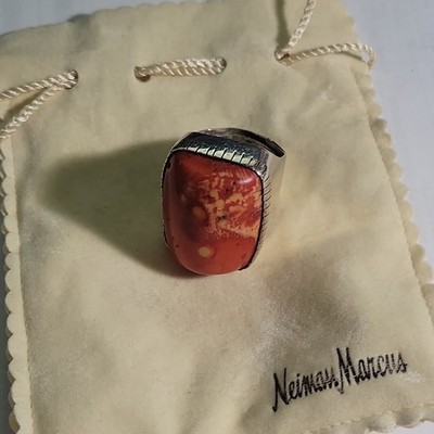 REBECCA COLLINS LARGE RED CORAL COCKTAIL RING Adjustable w/Neiman Macus pouch