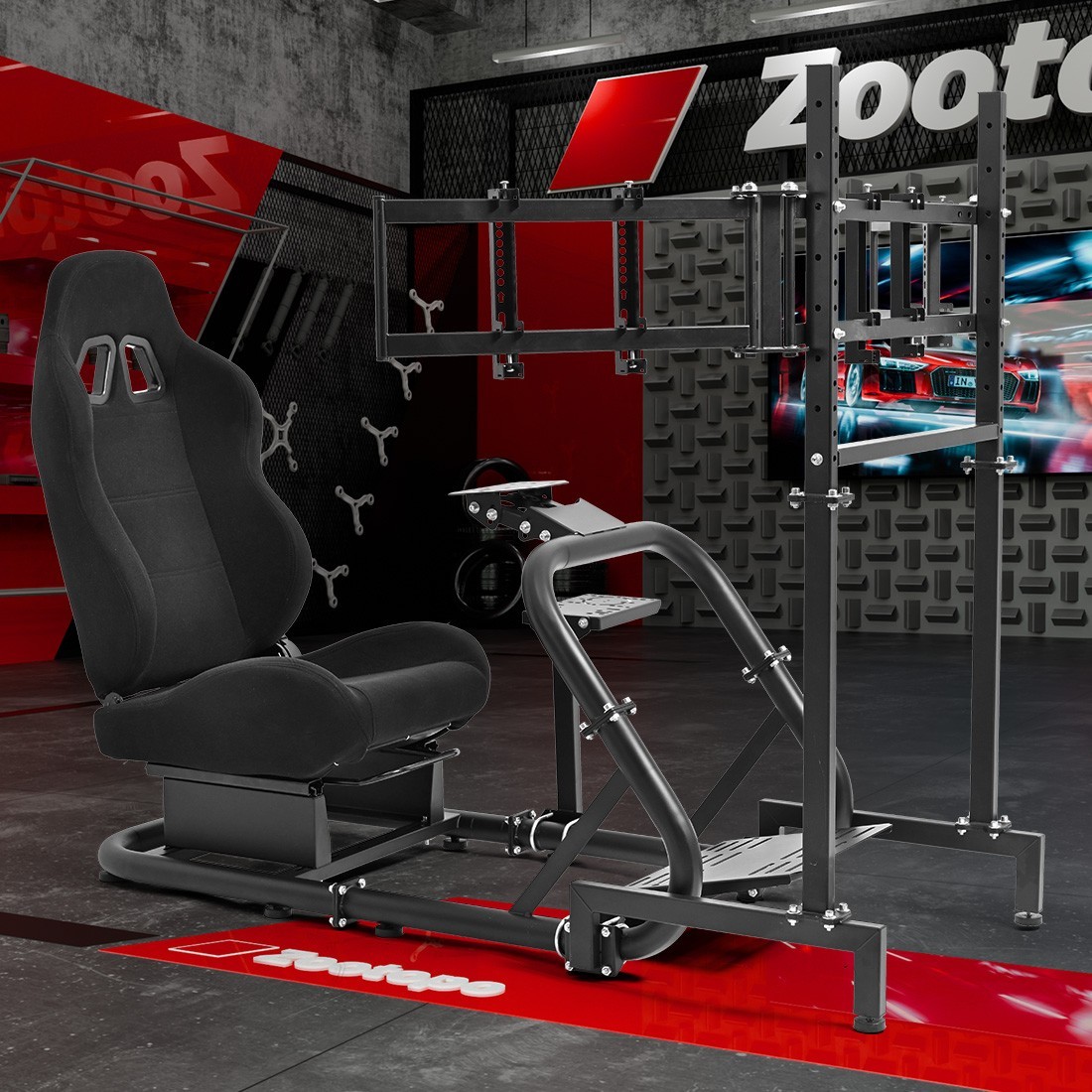 Zootopo Racing Sim Cockpit With Black Seat & Triple TV Stand Fits Thrustmaster