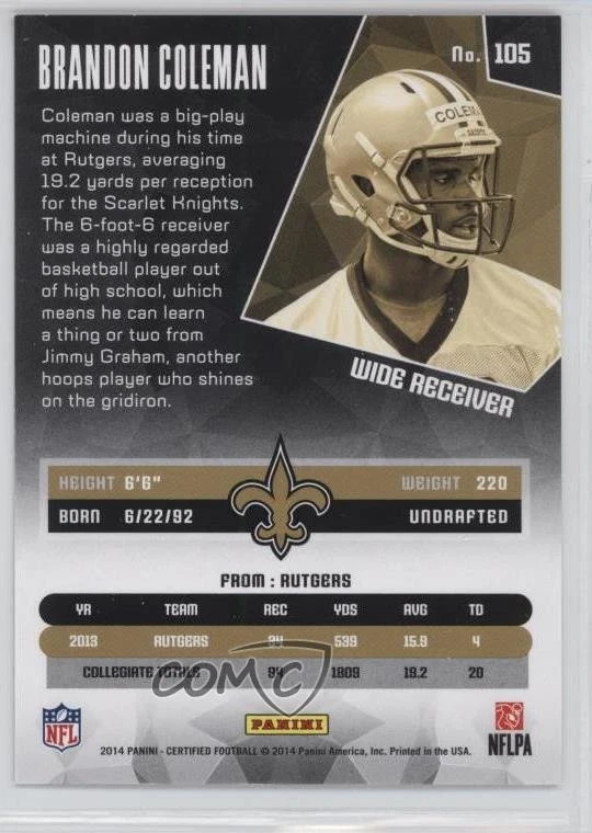 2014 Certified Hot Box Red Camo /149 Brandon Coleman #105 Rookie RC - Image 2 of 2