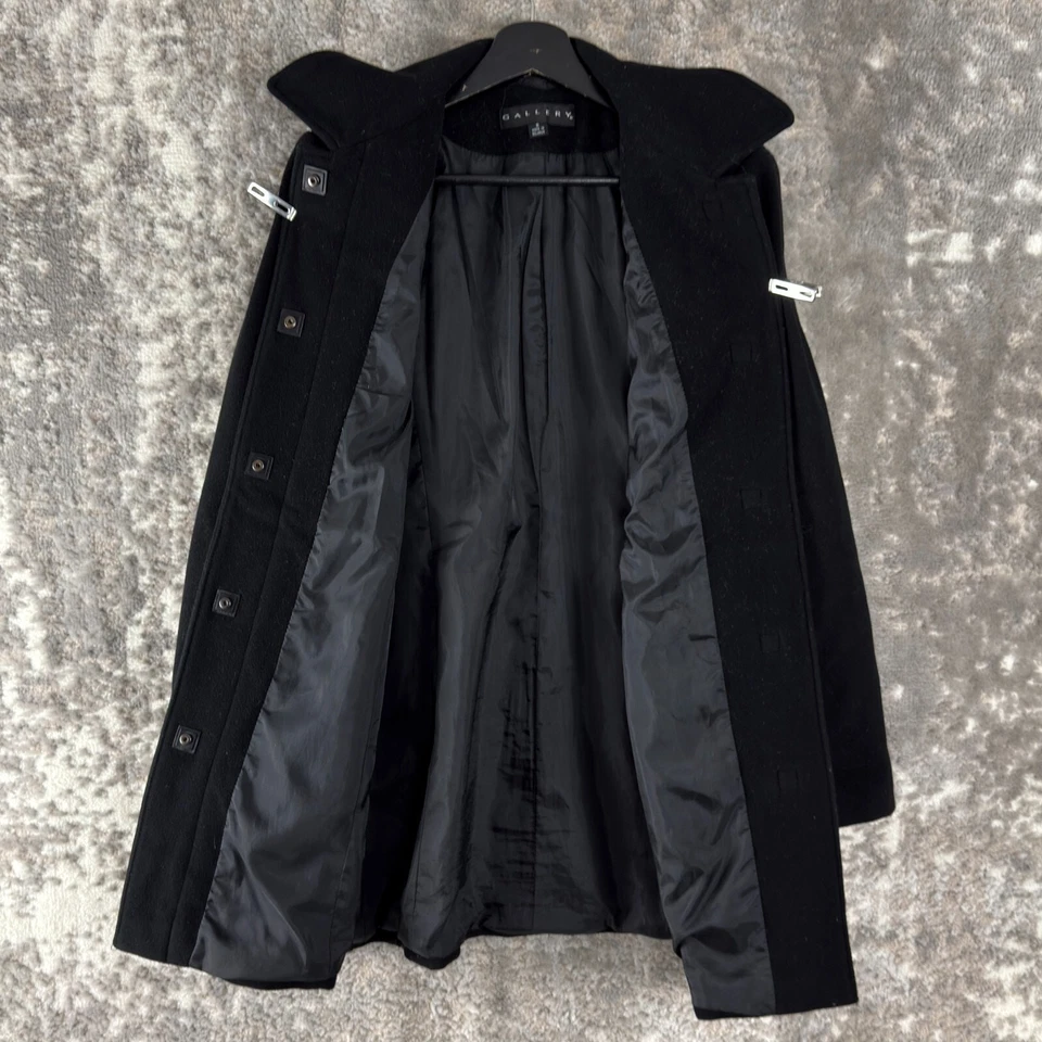 Abrigo de exterior Gallery talla S mezcla de lana botón a presión negro manga larga cuello línea Foto 4 de 4