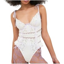 For Love and Lemons Daisy Eyelet Embroidered Bodysuit White and Lavender 36C NWT