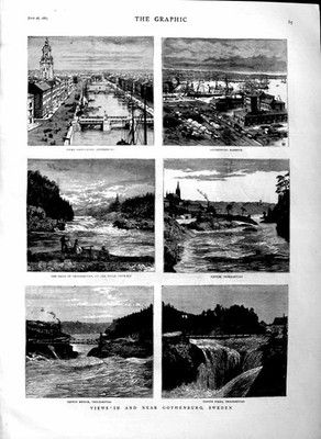 Original Old Antique Print 1883 Gothenburg Sweden Trolhaettan Toppon Victorian