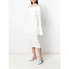 SOLACE LONDON Mori Midi Dress in Cream Off Shoulder Bell Sleeves Size S