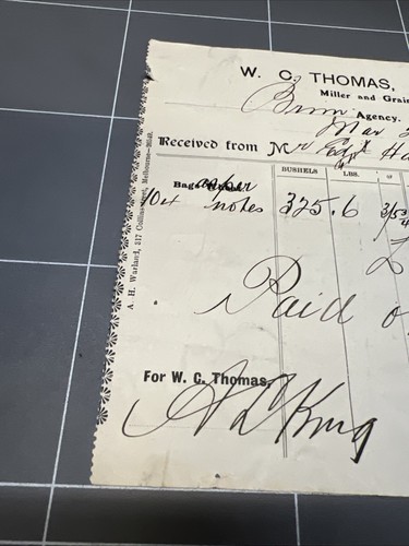 ORIGINAL HANDWRITTEN DOCUMENT W C THOMAS MILLER GRAIN MERCHANT BRIM VIC 1909 - Bild 2 von 3
