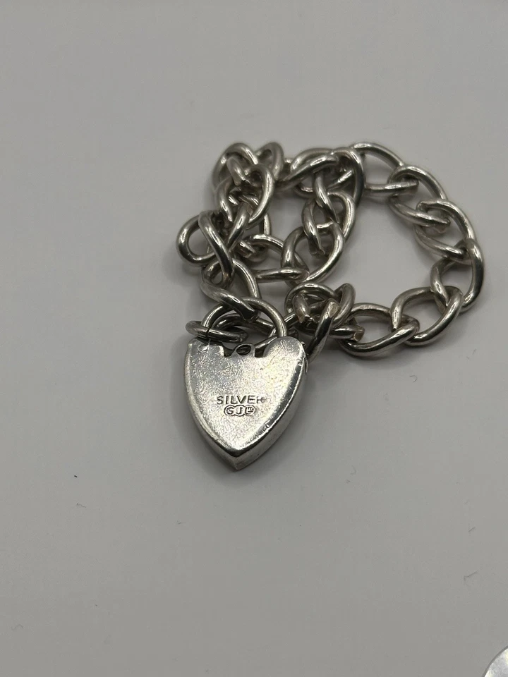VINTAGE GEORG JENSEN Sterling Silver Charm Bracelet Heart Padlock GJLD Curb 6.5" - Image 3 of 4