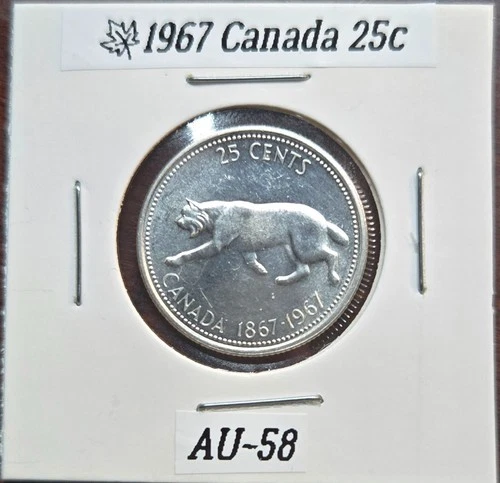 1967 Canada 25 Cents • .800 Silver  • AU-58 • Bobcat • 1 Coin •  (2 Available)