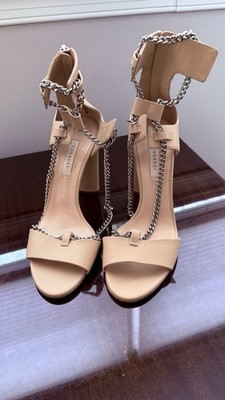 CASADEI Beige Chain Accent Strappy Block Heel Leather Open Toe Sandals EU 38.5