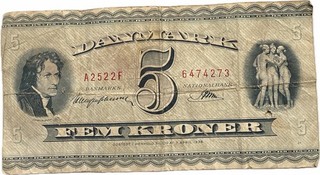 Denmark 5 Kroner 1936 Series Vintage Danish Banknote World Paper Money
