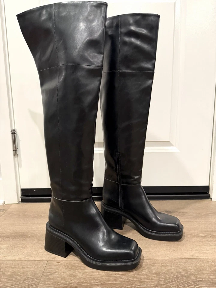 ZARA Women Square Toe Over-The-Knee Thigh High Leather Boots Black US 9 EUR 40 - Image 4 of 4