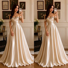 White Ivory Wedding Dresses Off Shoulder Satin Beaded Full Length Bridal Gowns