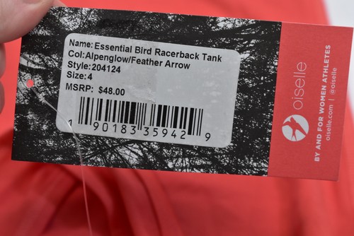Oiselle Essential Bird Racerback Tank Alpenglow Womens Size 4 Feather Arrow NWT - Picture 11 of 14