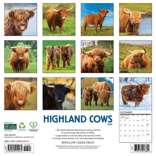 Willow Creek Press, Highland Cows 2026 Wall Calendar, 12'' X 12'', 18-Month Cal - Picture 2 of 4