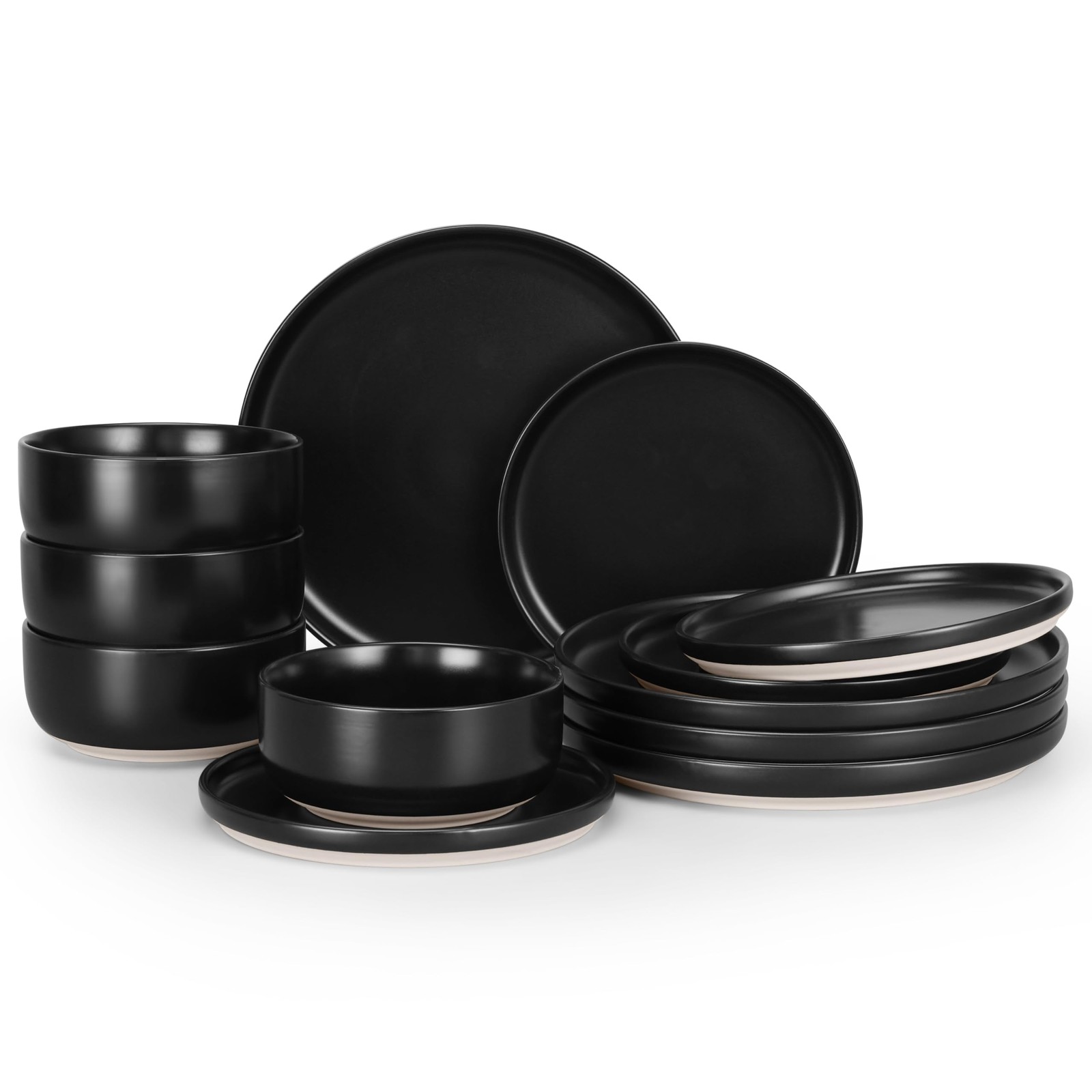 Stoneware Dinnerware Sets, 12-Piece Plates and Bowls Set for 4, Dishes Set fo...