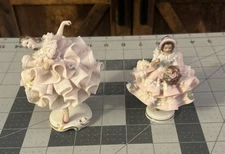 Lot Of 2 Dresden Vintage Porcelain Lace Figurine Dancer And Basket Of Flowers