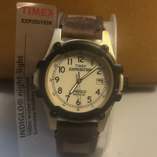 Vtg Timex Expedition Watch Mens 39mm Indiglo Date Brown Strap 1998 New Battery