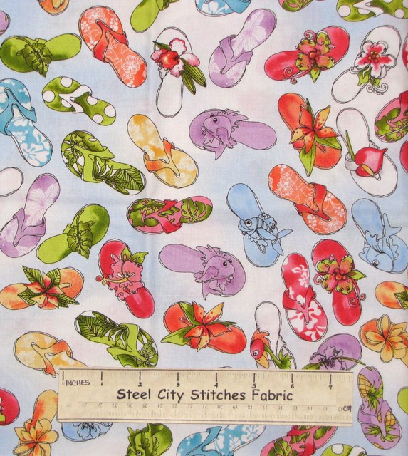 Loralie Beach Flip Flop Fabric ~ 100% Cotton By The Yard ~ Hu Lala Shoes Blue | eBay