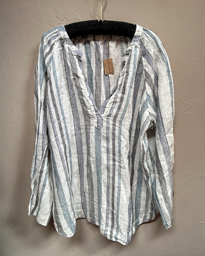 CP Shades Women's Livia Linen Popover Top Medium Deep V-Neck Long Sleeve New