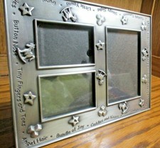 Vintage Metal Silver-Tone Collage 3 Baby Photo Frame Decorative Keepsake  531