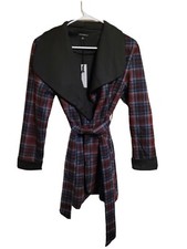 Chocolate Usa Womens Jacket Burgundy Black Large Plaid Checkered Belted Ladies