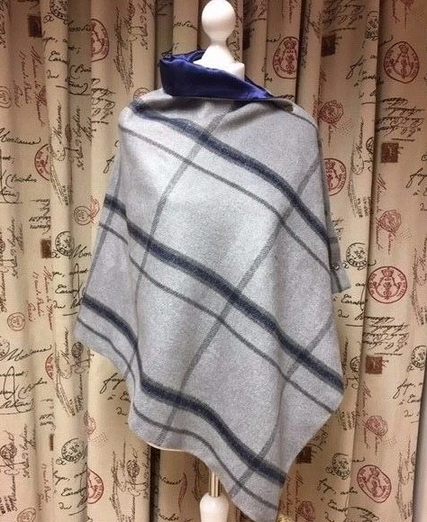 462. Handmade Blue check on Grey tweed Cape Poncho - Image 2 of 4