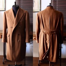 Brown Cashmere Men's Long Overcoat With Belt Double Breasted Winter Long Coat