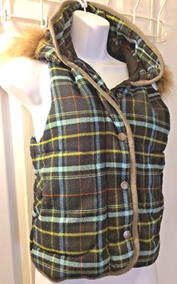 BB DAKOTA Blue Plaid Puffy Vest Faux Fur Hoodie Wool Jacket Coat Turquoise  Sz M