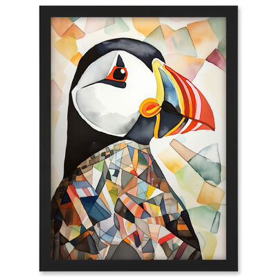 Puffin Bird Abstract Portrait Modern Folk Art Framed Wall Art Picture Print A3