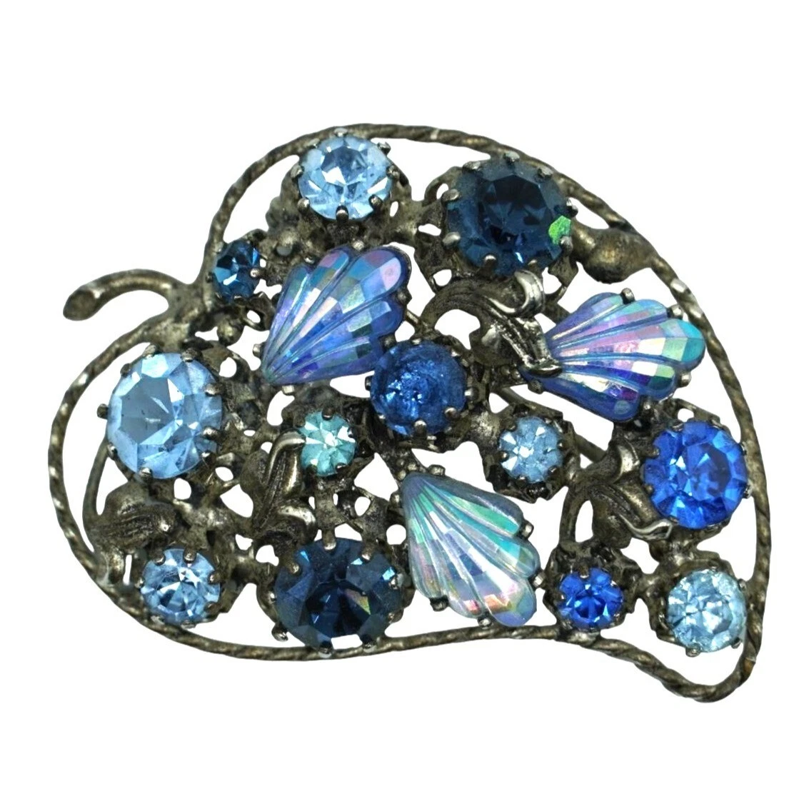 Vintage Triad Brooch Blue Rhinestones Aurora Borealis Molded Glass