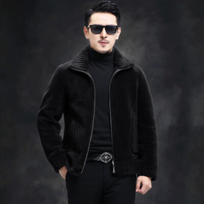 Mens Stand Collar Short Coat Jacket Real Lamb Wool Shearling Fur
