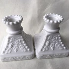 VINTAGE WESTMORELAND WHITE MILK GLASS BEADED GRAPE CANDLESTICKS SET OF 2