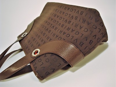 BULGARI Brown LOGO MANIA Fabric Tote Bag Satchel Leather Trim