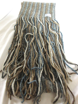 Beautiful Aurora Paci Brown Blue Wool Blend Scarf w/Fringe Italy 47'' x 9.25'' EUC