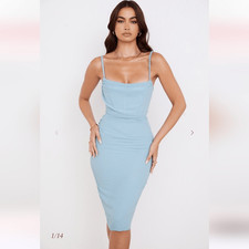House Of CB Jamille Draped Corset Midi Dress Baby Blue Size L