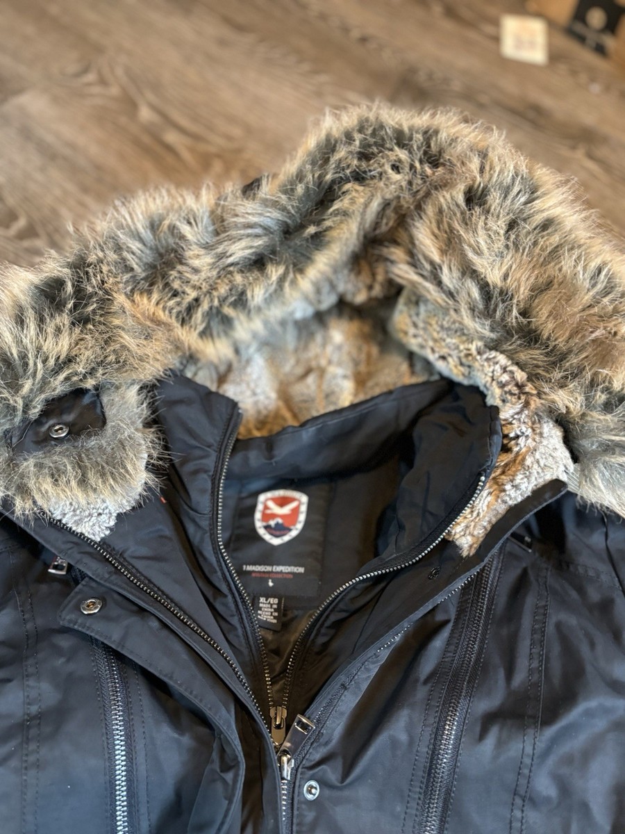 1 MADISON EXPEDITION PARKA Black COAT FAUX FUR HOOD SIZE LARGE | eBay