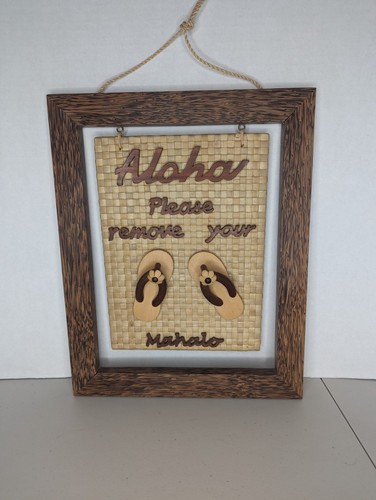 Hawaiian 3D Tiki Bar Wood & Hemp Hanging Sign Aloha Mahala Sandals~15"X 12"