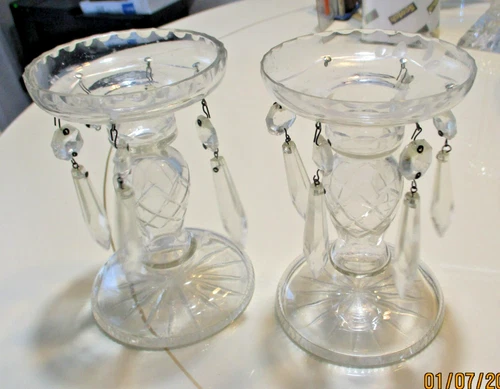 Vintage Clear Crystal Candle Holders with Prisms - 5 1/4"