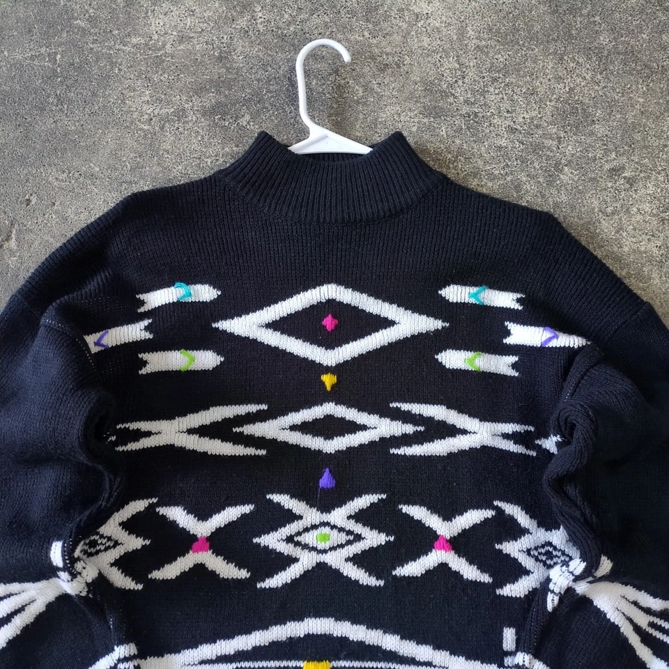 Suéter Gitano Vintage Feminino L Preto Asteca Sudoeste Decote Simulado Geométrico - Imagem 2 de 4