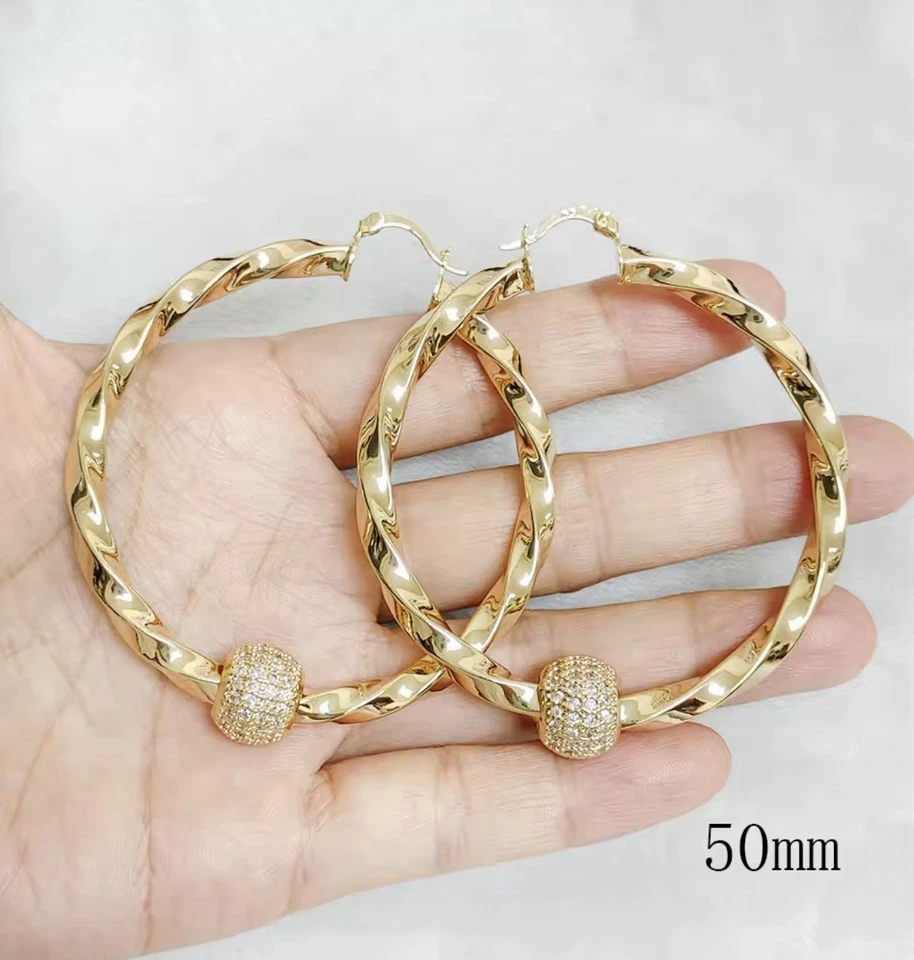 9ct Yellow Gold Guilded Chunky 50 mm Twist Hoop Earrings With Crystal Balls - Image 2 of 4